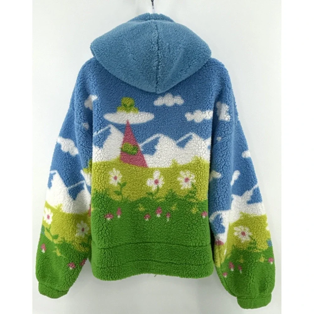 aLAB Hoodie Womens M Fleece Pullover Blue Green Scenic Graphic Cozy Sherpa - Picture 4 of 12